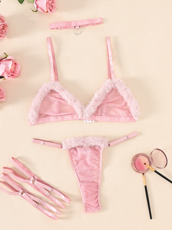 Women's Pink Sexy Four Piece Lingerie Set With Fur Trim