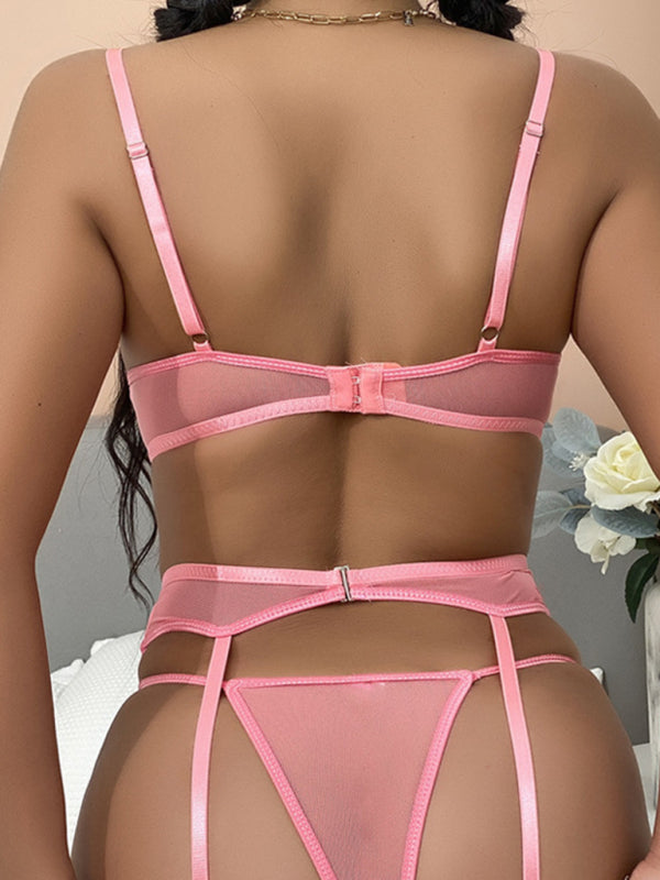 Women's Pink Heart Print Lingerie Set Including Garter Belt