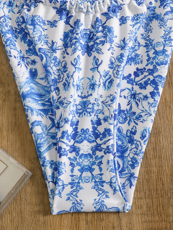 Women's Blue And White Flower Print High Waisted Bikini