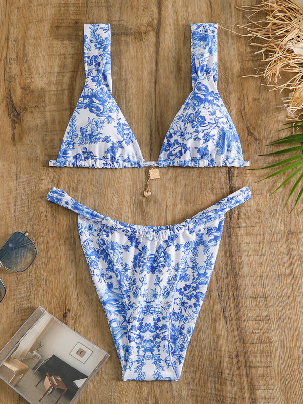 Women's Blue And White Flower Print High Waisted Bikini