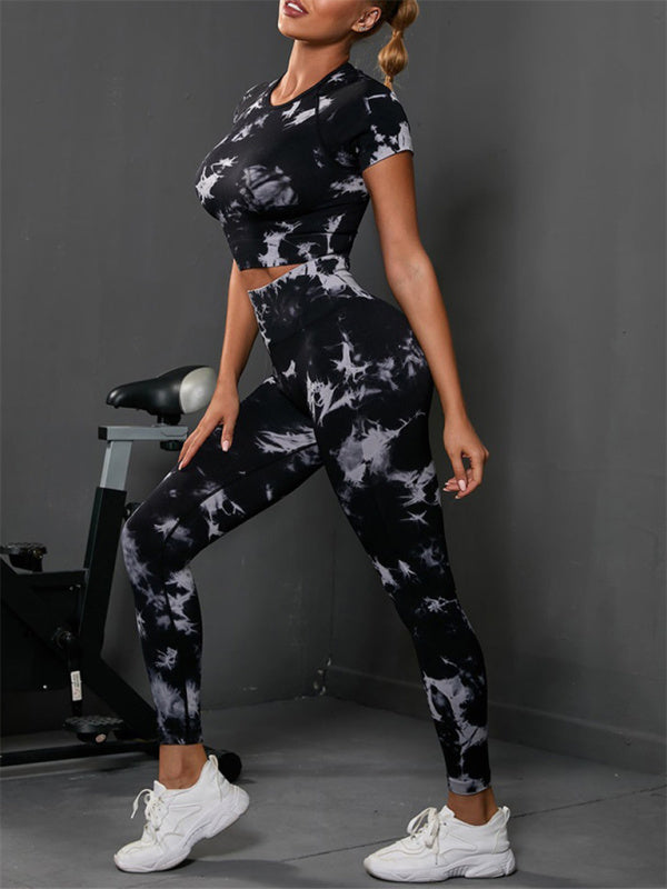 Women's Black and White Tie Dye Activewear Set Including Crop T-shirt And Leggings