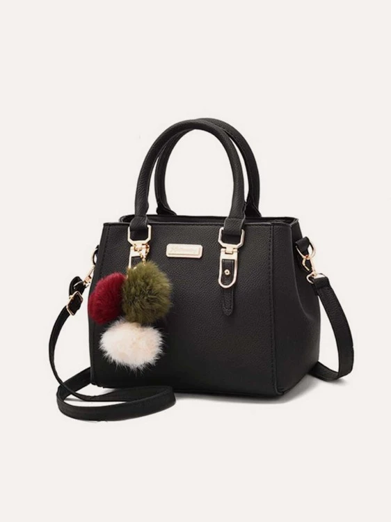 Women's Stylish PU Leather Tote Bag With Pom Pom Decoration