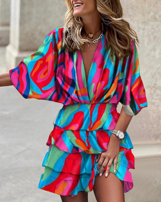 Women's Dolman Sleeve V-Neck Vibrant Print Ruffle Dress