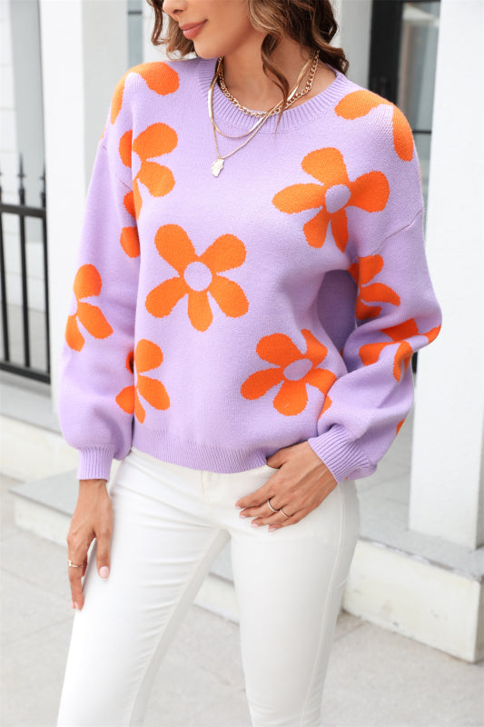 Women's Floral Print Loose Fit Round Neck Jumper