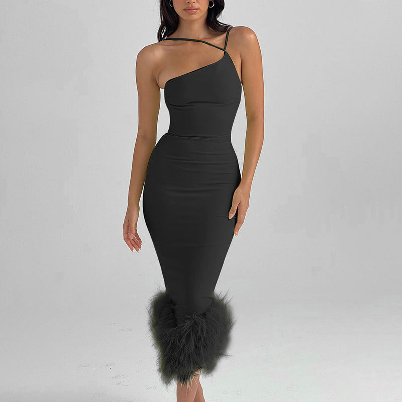 Women's One Shoulder Halter Neck Elegant Long Dress With Feather Hem Detail