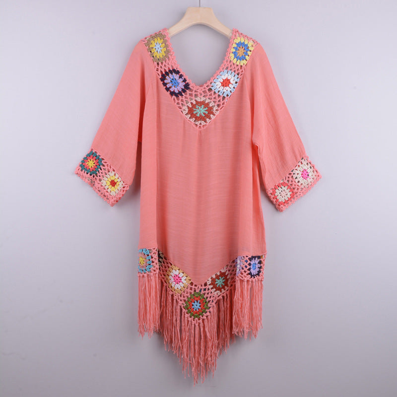 Women's Embroidered Three Quarter Sleeve Tassel Cover Up