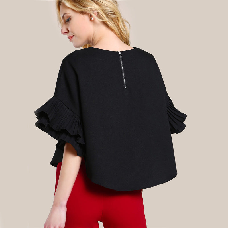 Women's Round Neck Double Layer Flared Sleeve Flowy Top